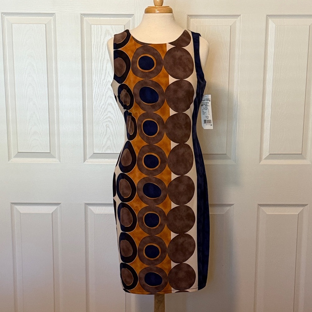 Joseph Ribkoff Brown and Blue Circle Pattern Dress